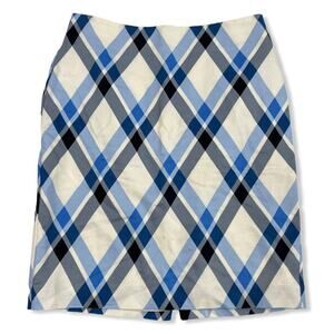 Ann Taylor Blue White Plaid Linen Blend Pencil Straight Skirt Size 10P 10 Petite